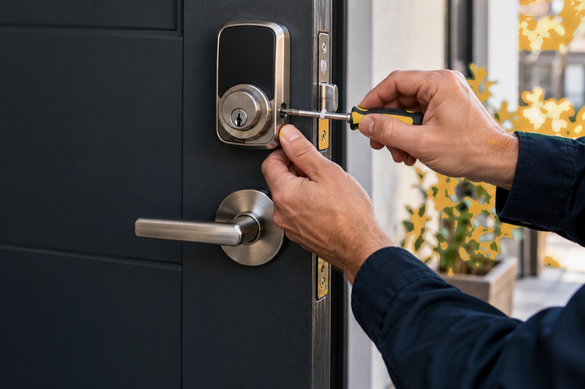 Hands adjusting a smart deadbolt on a dark front door with a small screwdriver