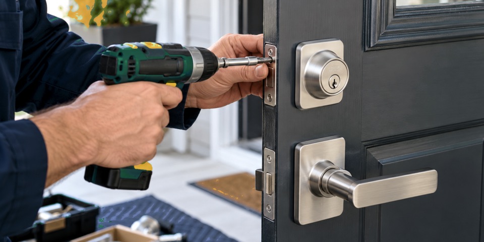 Hands fitting a deadbolt to a front door with a cordless drill