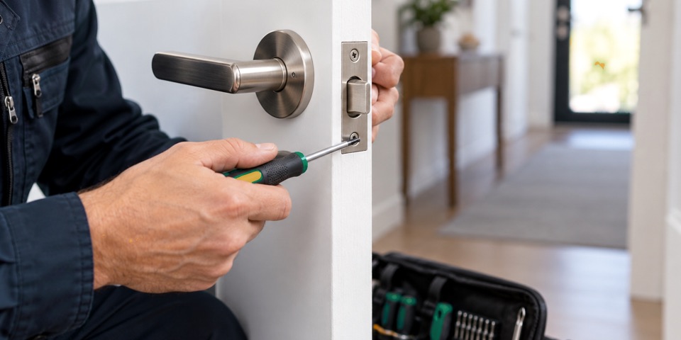 Hands tightening a latch plate beside a door lever handle