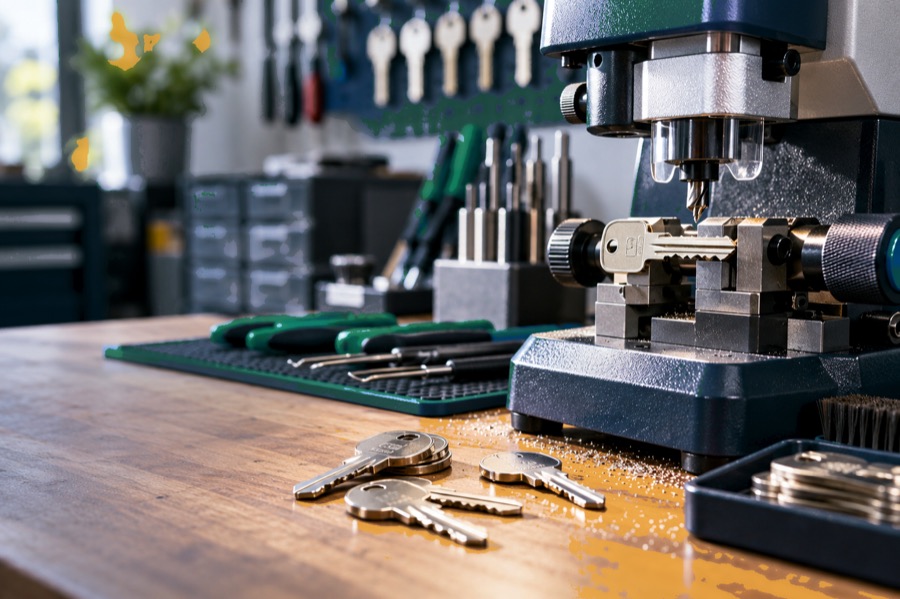 A key cutting machine on a workbench with freshly cut keys in front of it