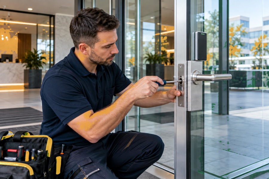 Locksmith adjusting the handle hardware of a glass commercial door