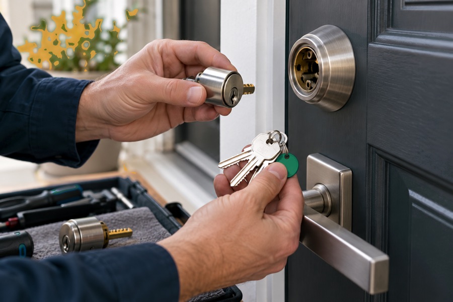 Hands holding a lock cylinder and a set of keys beside an open toolkit