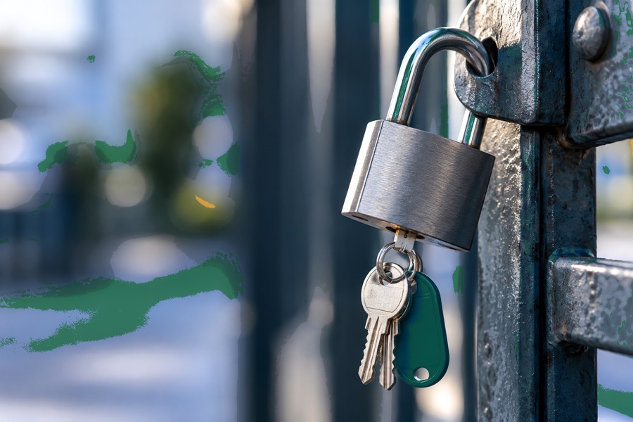 An open padlock with a set of keys hanging from it on a metal gate